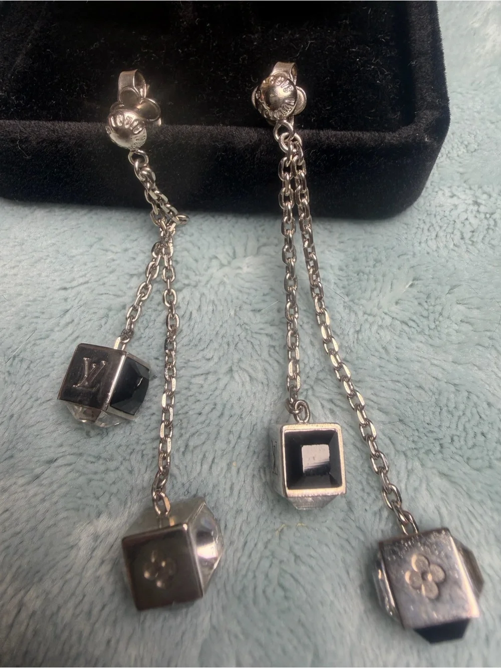 Louis Vuitton Silver Tone Monogram Cube Drop Earrings with Chain